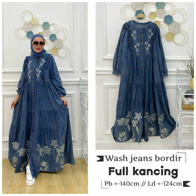 Farah Jeans Maxy, GAMIS JEANS JUMBO CANTIK MODIS FIT XXXL LD 124 BAHAN JEANS WASH IMPORT MIX BORDIR KANCING AKTIF TERMURAH OOTD KEKINIAN TERLARIS