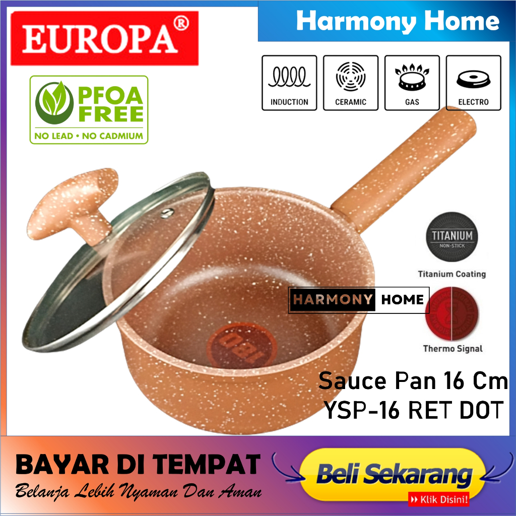 EUROPA Cookware Sauce PanYSP-16 Cm Red Dot Panci Susu Anti Lengket Tutup Kaca Coating Marble Bisa Kompor Induksi Ukuran / Panci Mie Tidak Lengket / Sauce Pan Ceramic Induksi