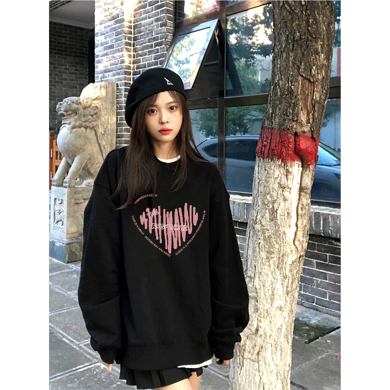 XiaoZhaiNv Korean Style Pink Heart Pattern Lengan Panjang Baju Sweater Wanita A0621