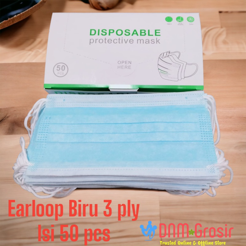 Masker Earloop Biru Disposable 3 ply isi 50 pcs