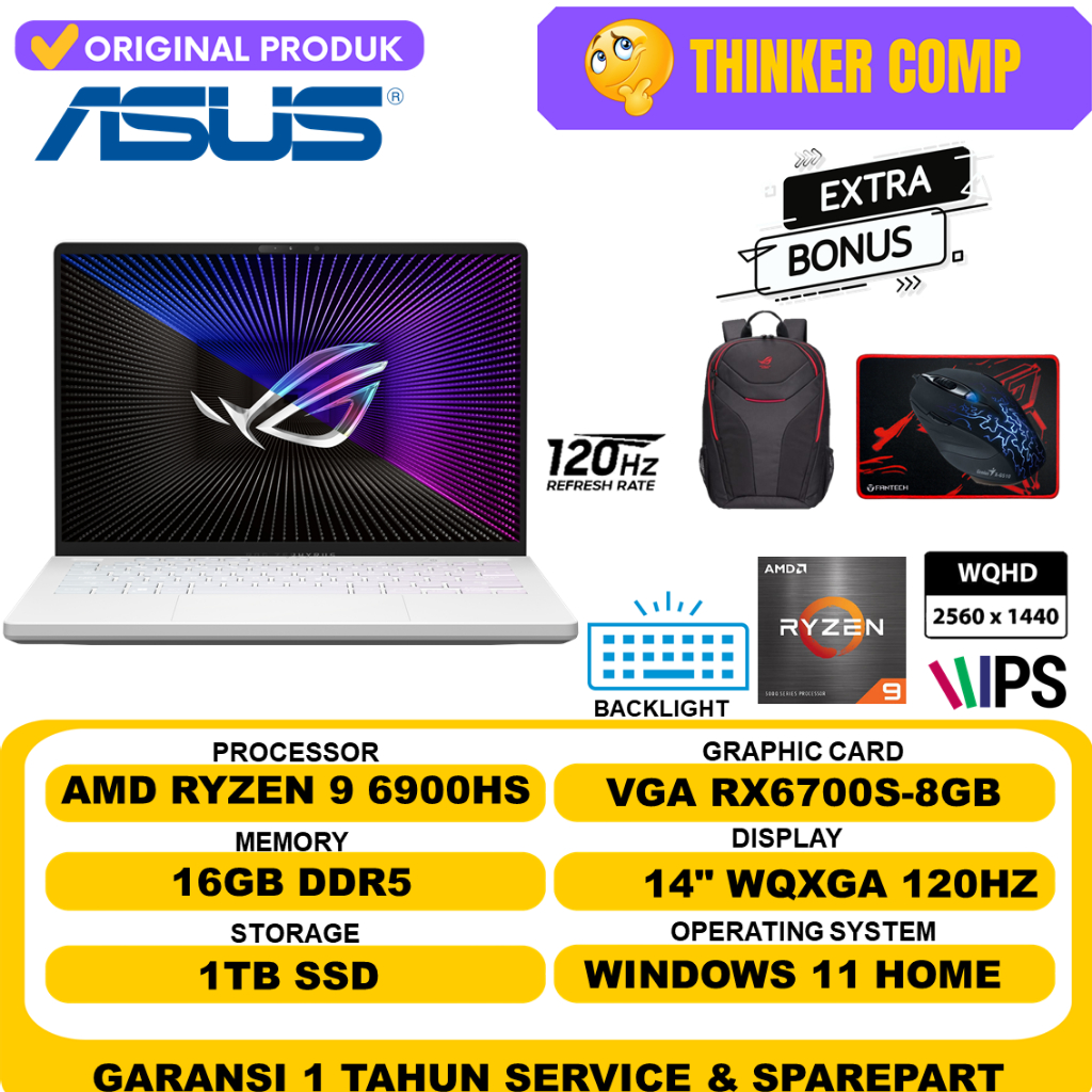 Laptop Gaming Asus ROG Zephyrus G14 GA402RJ AMD Ryzen 9 6900HS 40GB DDR5 1TB SSD Radeon RX6700S 8GB WQXGA Windows 11