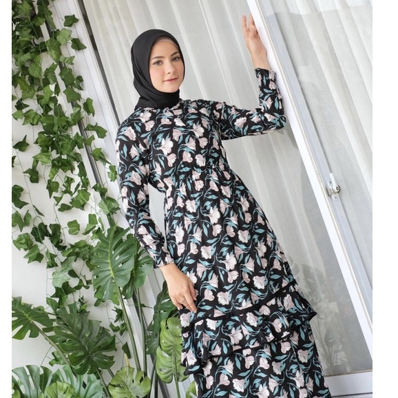 Ounadoutfit Tulip dress wanita cantik turtleneck busui rample / dress muslim motif / baju rayon busui / homedress bunga