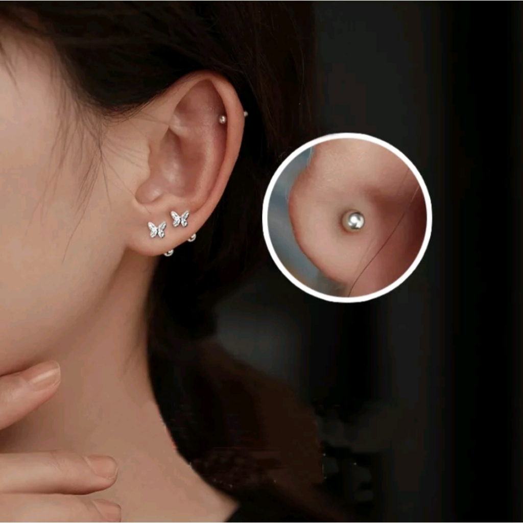 1 Pcs Korea Perak One-head Round Ball Butterfly Stud Earrings Untuk Wanita Perempuan Chic Tindik Tulang Rawan Sekrup/Anting stud kupu-kupu/ Earrings helix buterfly