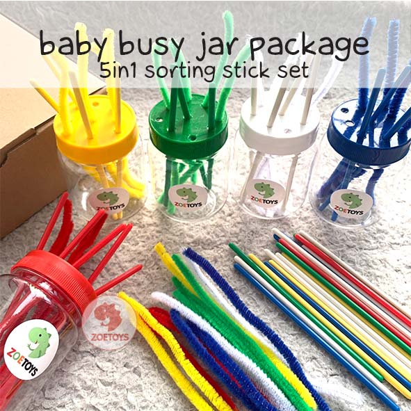 Montessori Baby Busy Jar Package | Pompom Button Push Ring Stick Stacking Sensory Ribbon Taggie Play Set Fine Motoric Play
