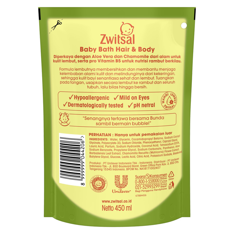 Zwitsal Baby Bath Hair And Body Natural Aloe Vera Refill 450 mL Pouch 450mL