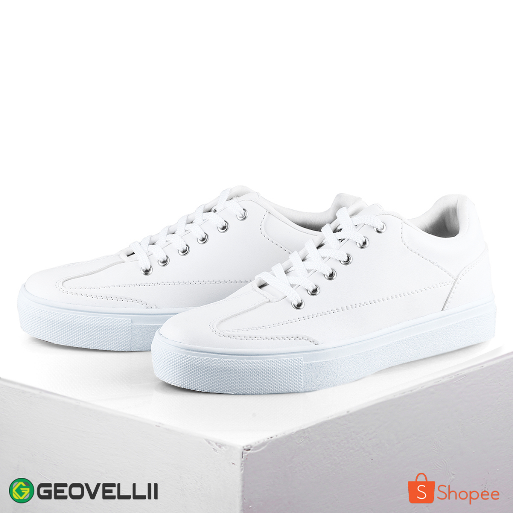 GEOVELLI ORI - Sepatu Sneakers Pria Bahan Picolo Warna Putih Polos Untuk Anak Sekolah Kuliah Nyaman Dipakai Kualitas Bagus