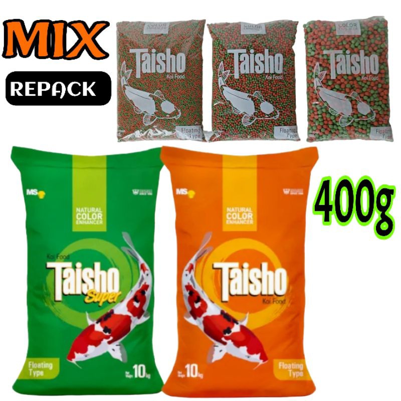 TAISHO  S / M / L  pakan ikan hias koi mix warna hijau dan merah repack 400g