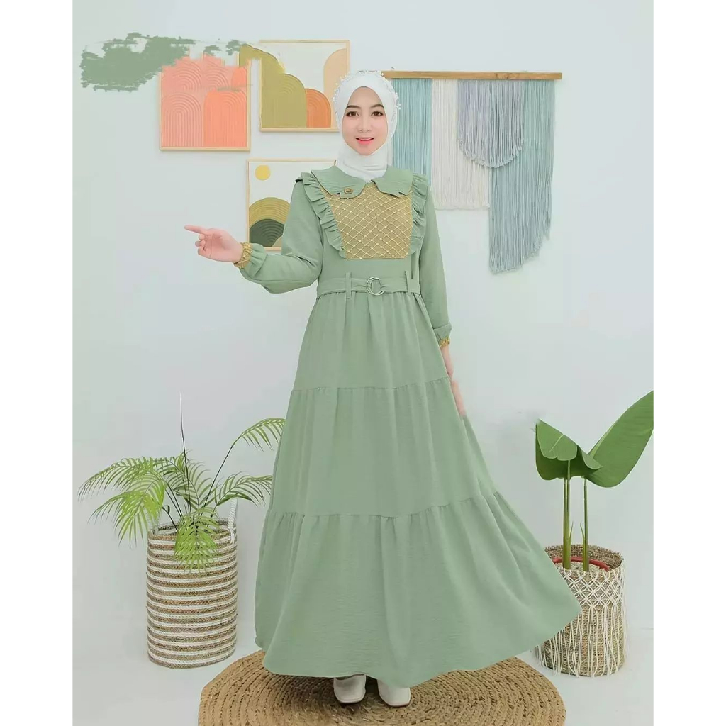 Gamis Dress Kasual / Kondangan Monalisa Dress Terbaru Fashion Mulim Wanita Gamis Crinkle Airflow  Aplikasi Renda Gamis Busui Exlusive Pakaian Wanita