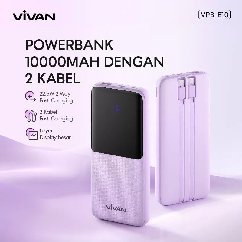 Powerbank VIVAN VPB-E10 10000mAh Fast Charger 2kabel Lightning &amp; Type-C Original