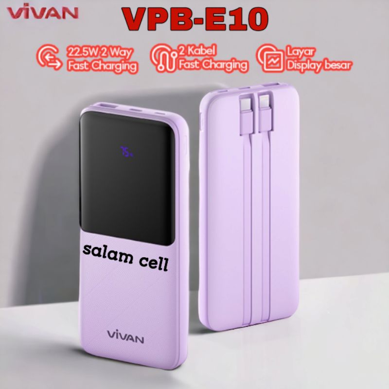 Powerbank VIVAN VPB-E10 10000mAh Fast Charger 2kabel Lightning &amp; Type-C Original