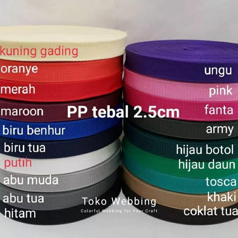 tali bisban warna/ plipit kain/webbing PP ukuran 2, 5 cm  1 rol ( 27 meter)