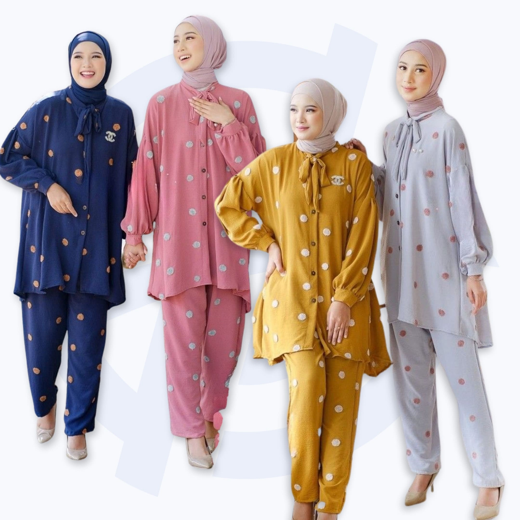 Baju Setelan Jumbo LD 140 Crinkle Premium Motif Bunga Flower Polkadot One Set Wanita Kulot dan Blous