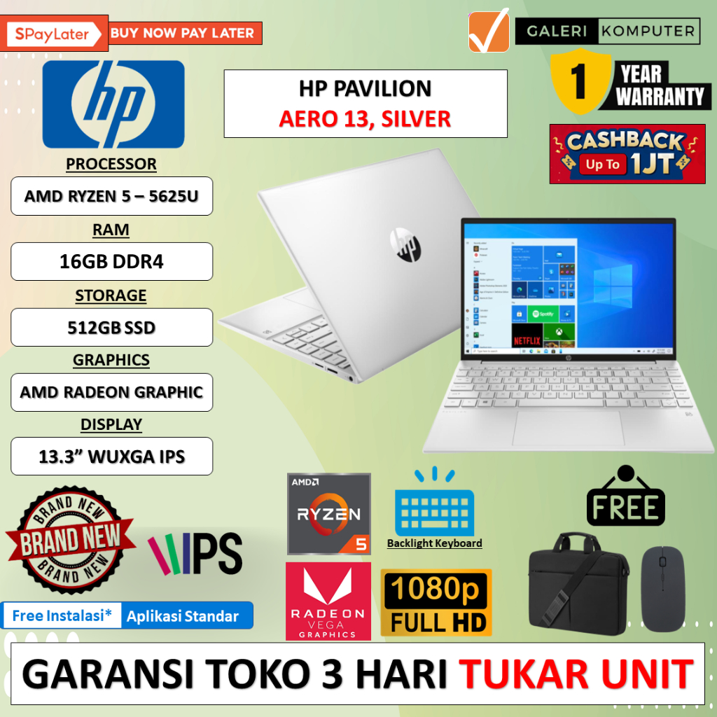 LAPTOP HP PAVILION AERO 13 AMD RYZEN 5 5625U 16GB 512GB 13.3&quot; WUXGA IPS BL FP WINDOWS 11 HOME ORIGINAL