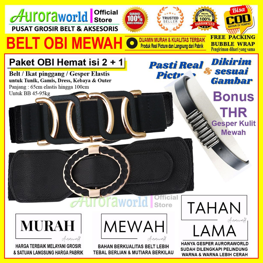 Paket Bundling isi 5 Paket usaha Gesper Elastis Gesper Mutiara Gesper Rantai ikat pinggang wanita belt Obi Mewah Auroraworld 1 paket isi 5 Gesper Mewah