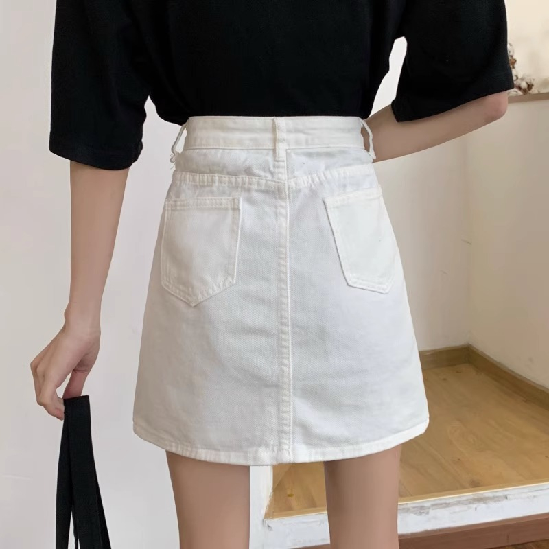 Krem Rok Jeans Pendek A-Line Rok Denim Skirt Pinggang Tinggi Gaya Korea