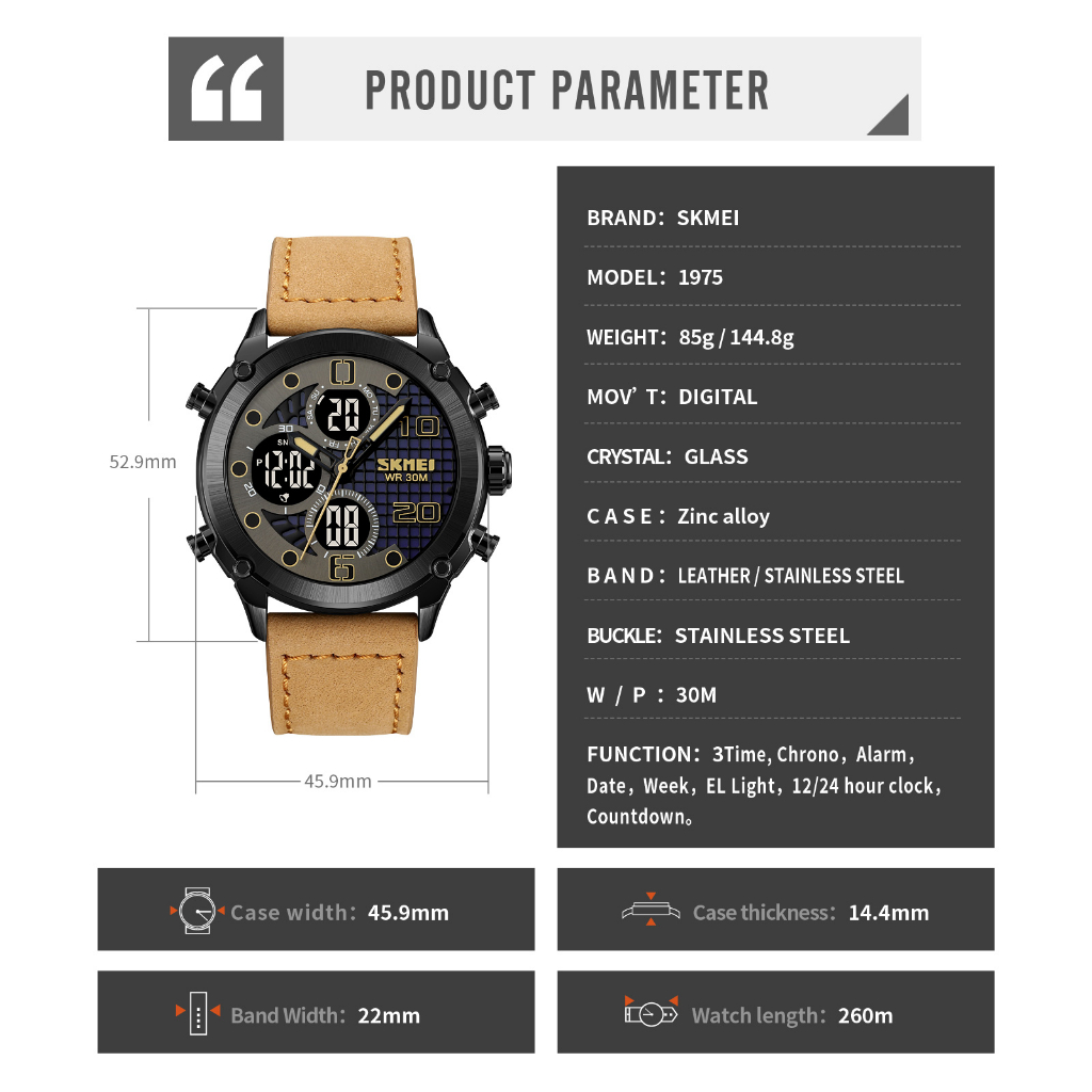 SKMEI 1975 Jam Tangan Pria Digital Analog Tali Kulit PU WATCHKITE WKOS
