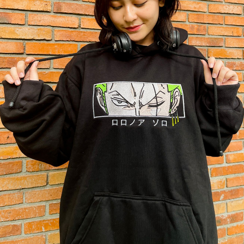 Hoodie Zoro Eyes Embroidery Roronoa Character Anime Manga One Piece Premium Unisex