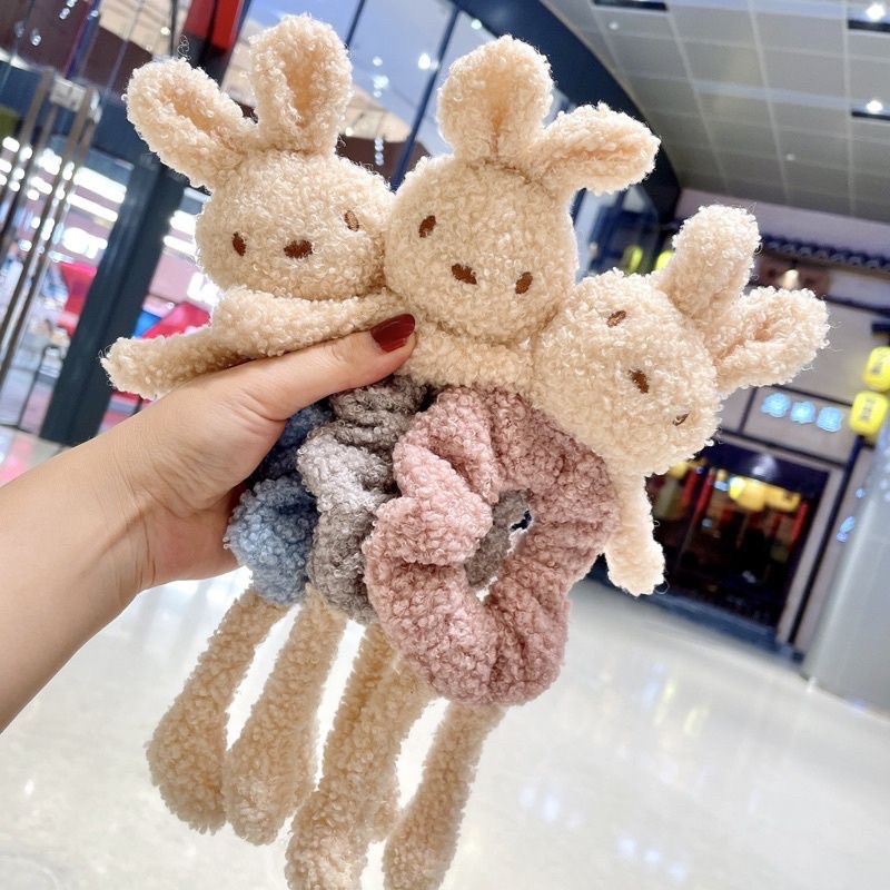 Ikat Rambut Boneka Bunny Scrunchie Bulu Korea Plush Bear Fluffy Faux Fur Ball Scrunchies