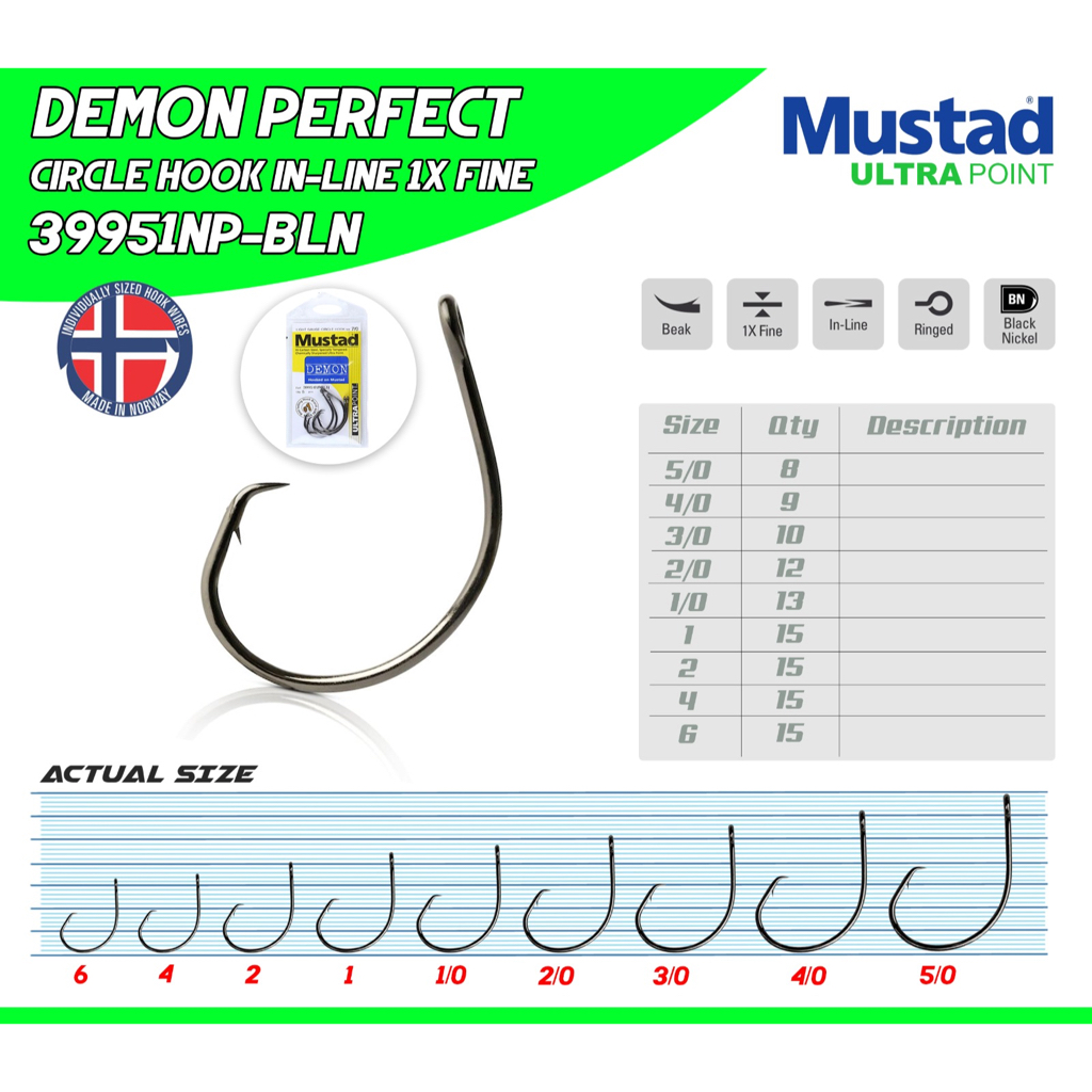 CIRCLE HOOK IN-LINE MUSTAD DEMON PERFECT 1X STRONG Pancing Kolam Laut 39951NP Mata kail Carbon Super