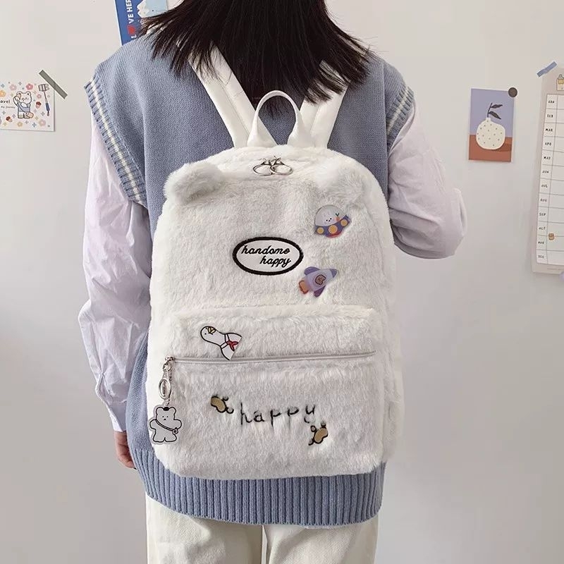 Tas Ransel Wanita Bulu Beruang Happy Bear Tas Perempuan Korean Lucu