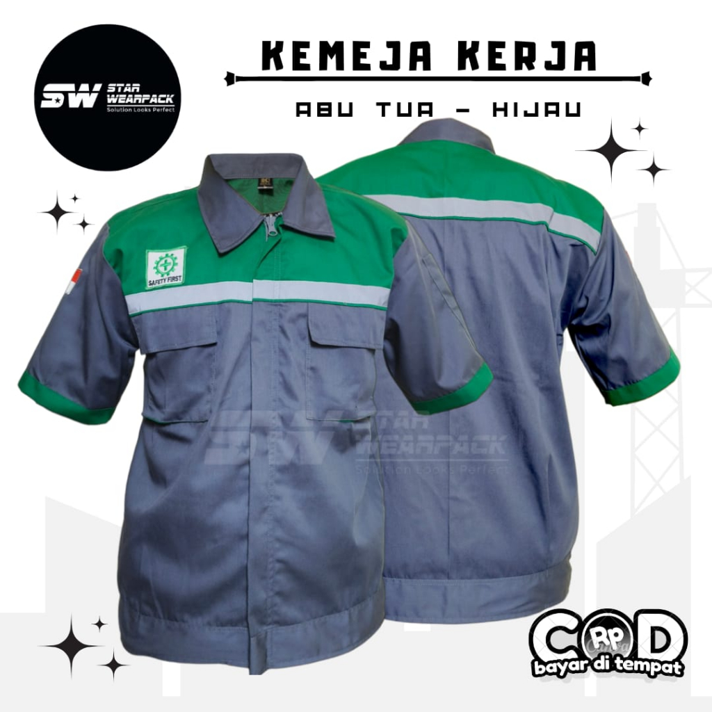 Star Wearpack - Baju Seragam Kerja Proyek Warna Abu Tua Kombinasi HIjau