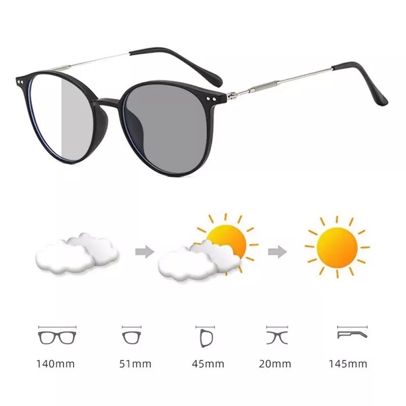 Kacamata Lensa 2in1 Photochromic anti radiasi bentuk bulat bahan metal gaya Korea unisex