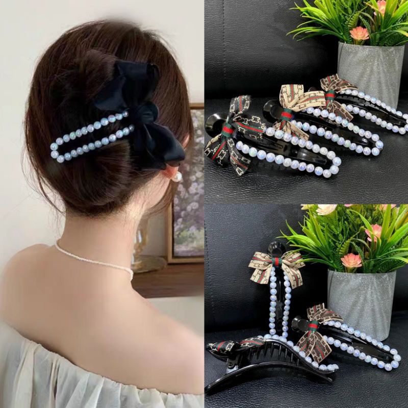 Jedai Bebek Pita Mutiara Bolong 11cm Jepit Rambut Mutiara Duckbill Side Slide Flat Oval Hair Clip