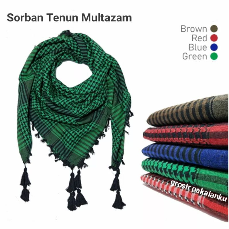 Sorban Multazam, Sorban tenun songket, Sorban tenun tebal, Sorban Murah Berkualitas, Sorban Palestina, Sorban Haji, Sorban Arab rumbai premium, Sorban hijau, Sorban Panjang, Sorban hitam, Sorban Habib, oleh2 haji dan umroh