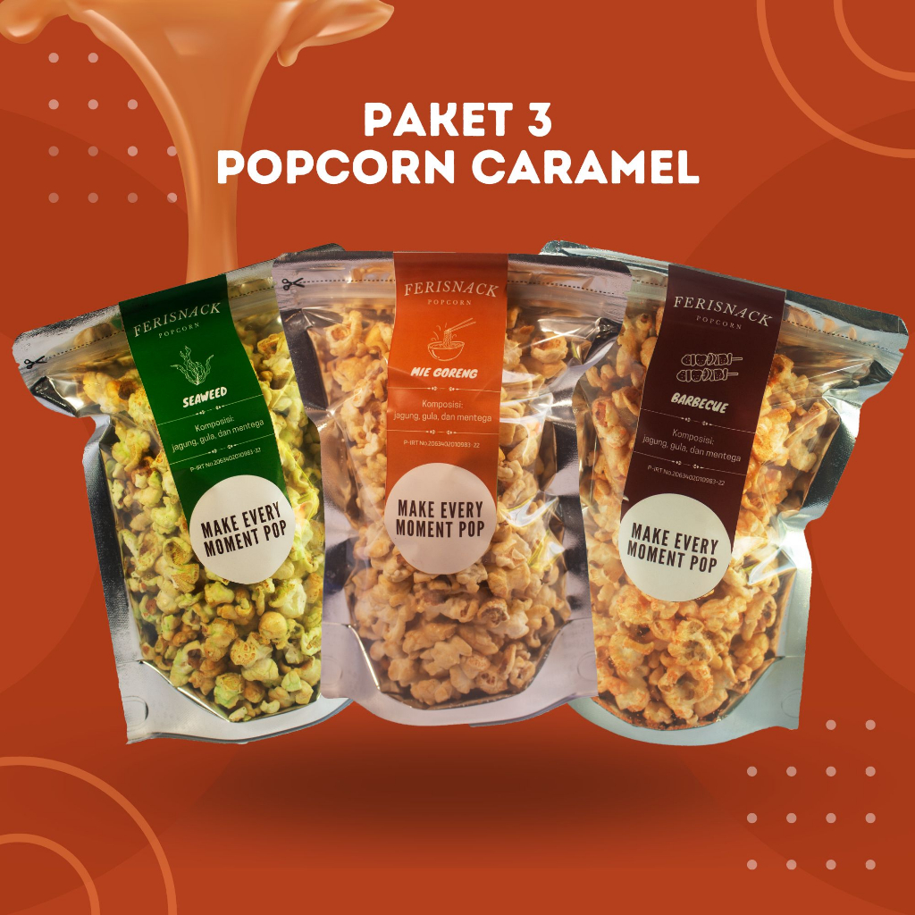 

Popcorn Caramel Paket 3 pcs (Mie Goreng, Rumput laut, dan Barbecue) - Popcorn Caramel Homamade Rasa Unik