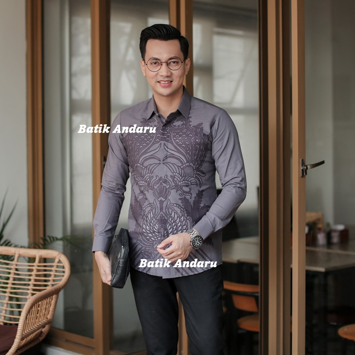 Baju Kemeja Batik Pria Slimfit Lengan Panjang Modern Heem Premium Bahan Katun Primsima Warna Abu Abu Hitam