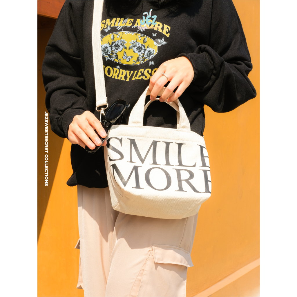 SMILE MORE TOTEBAG WANITA BAHAN KANVAS PREMIUM TEBAL ZIPPER RESLETING // GENTLE WOMAN // TOTEBAG QUOTE