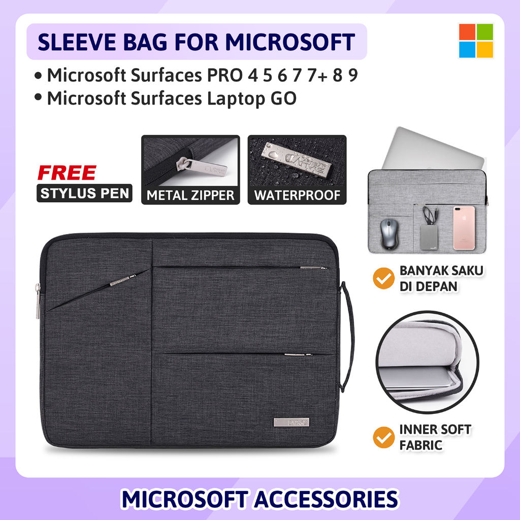 Microsoft Surface Pro 4 5 6 7 7+ Plus 8 9 10 12.4 13 inch Tas Sleeve Sarung Case Bag Handbag Casing 