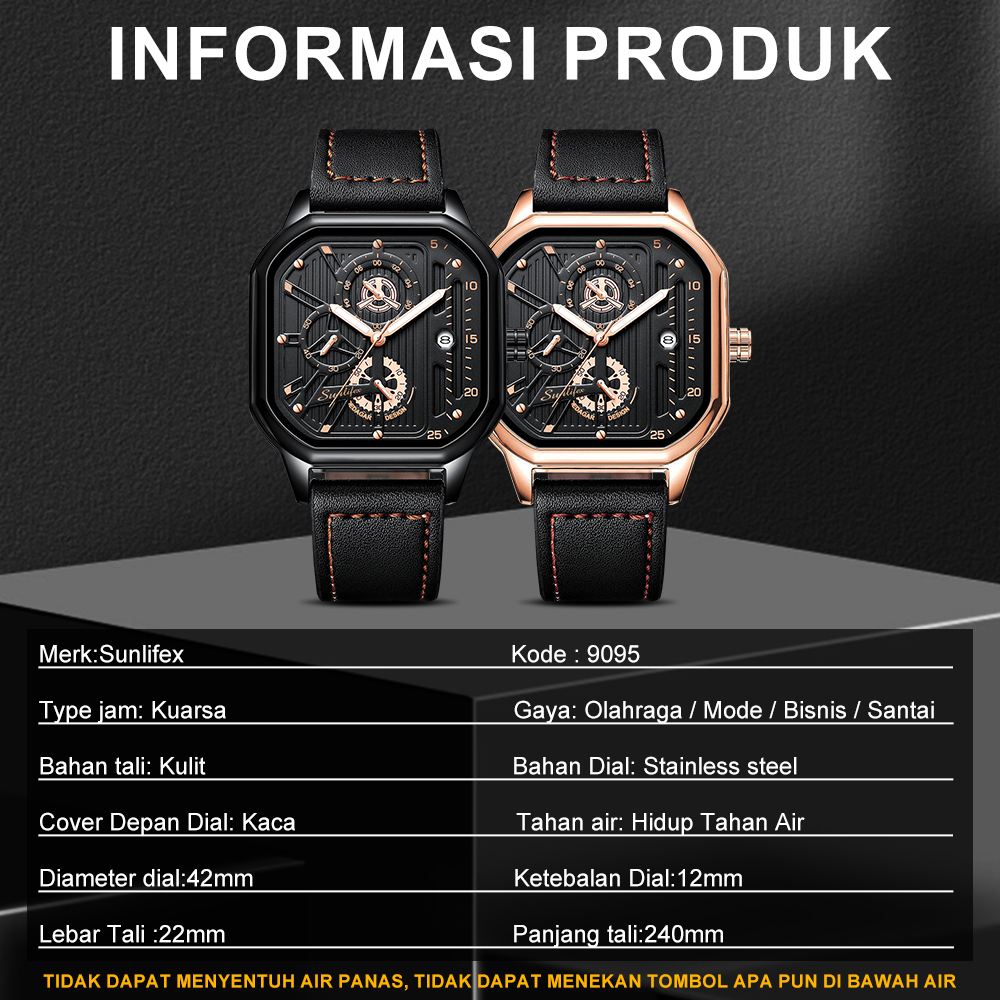 SUNLIFEX Jam Tangan Pria Kulit Original Tahan Air Fashion Business Auto Date Analog Jam Tangan Cowok