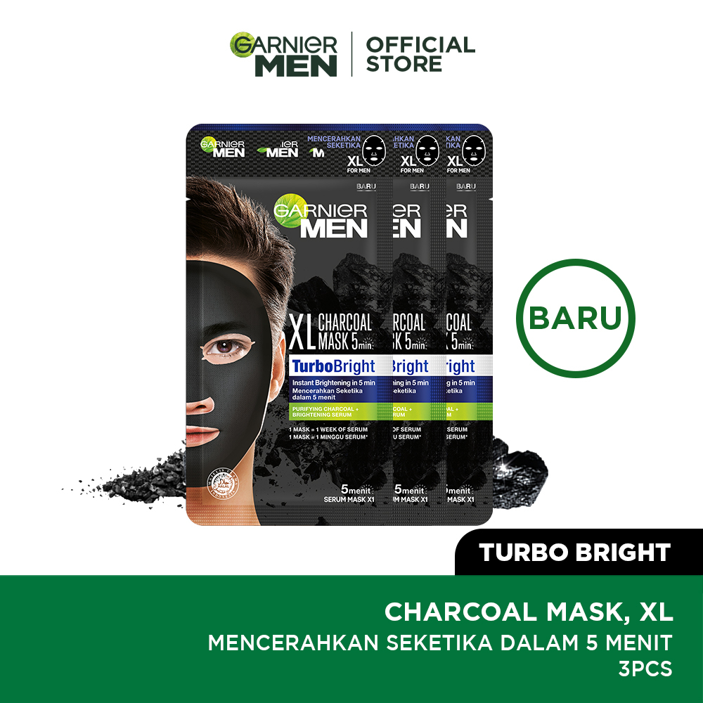 GARNIER MEN Masker Wajah ISI 3 Turbo Bright XL Charcoal Tissue Sheet Mask Masker Skincare Pria Peraw