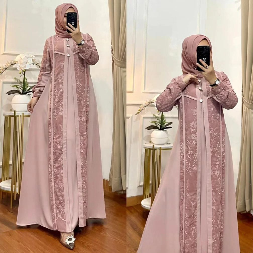 Bajurancak Baju Gamis Muslim Wanita Matt Ceruty Babydoll Full Furing Mix Brukat Kancing Depan Aktif Gamora Dress Maxy Wanita Muslim Pakaian Ngaji