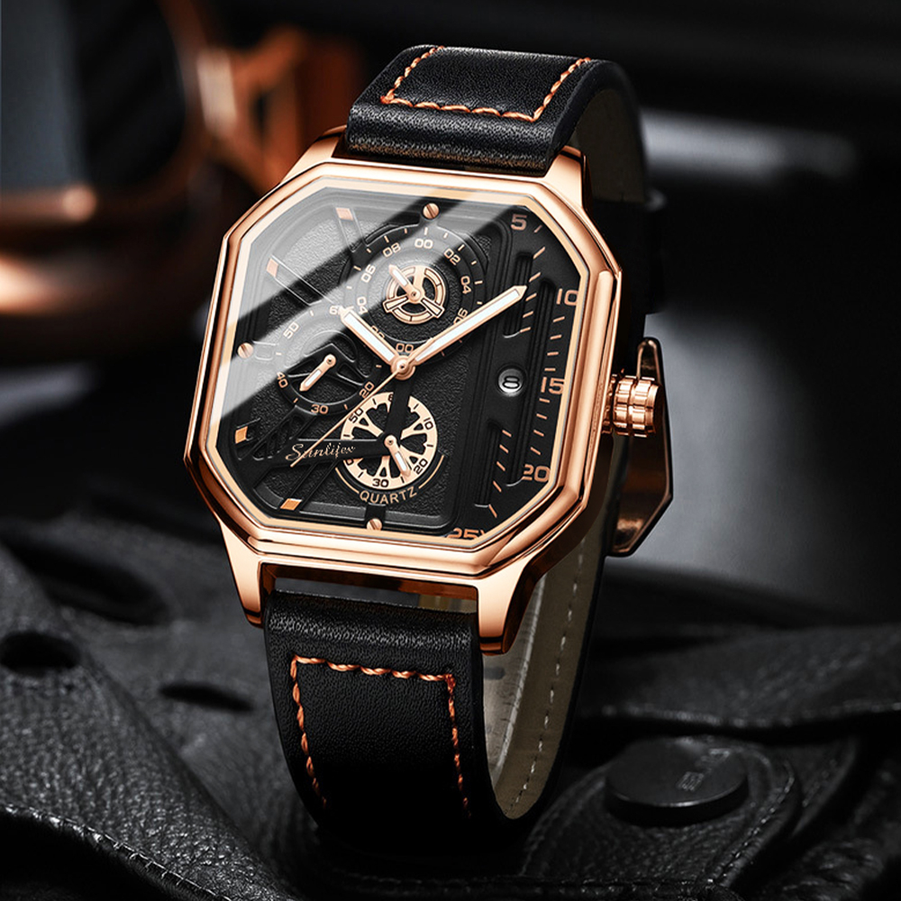 Sunlifex Jam Tangan Pria 9095 Kuarsa Olahraga Kasual Tali Kulit Pria Jam Tangan Cowok-8