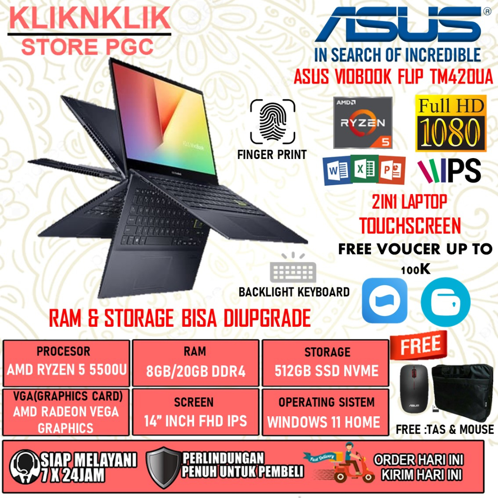 LAPTOP TOUCHSCREEN 2IN1 ASUS VIVOBOOK FLIP TM420UA AMD RYZEN 5 5500U 8GB 256GB 512GB SSD FHD  TOUCHSCREEN WINDOWS 10 BLACK