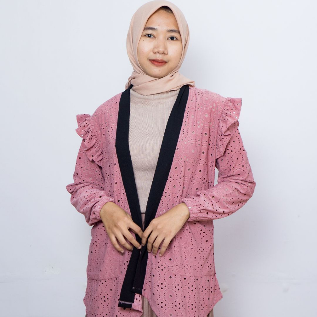 Atasan Outer Cardigan Wanita Brukat Polos List Hitam Casual Korean Style Kekinian Murah