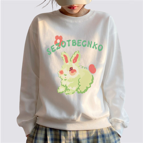 XiaoZhaiNv Korean Style Green Bunny Pattern Lengan Panjang Baju Sweater Wanita A0787