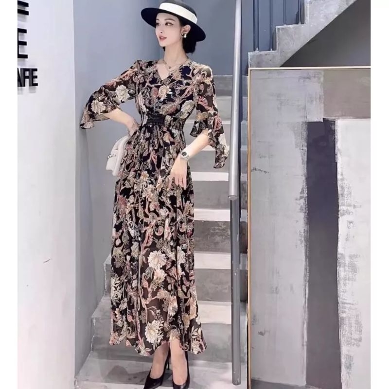 12516 Baju maxi dress dres lengan trompet panjang hitam motif bahan  sifon cifon adem ringan simpel 