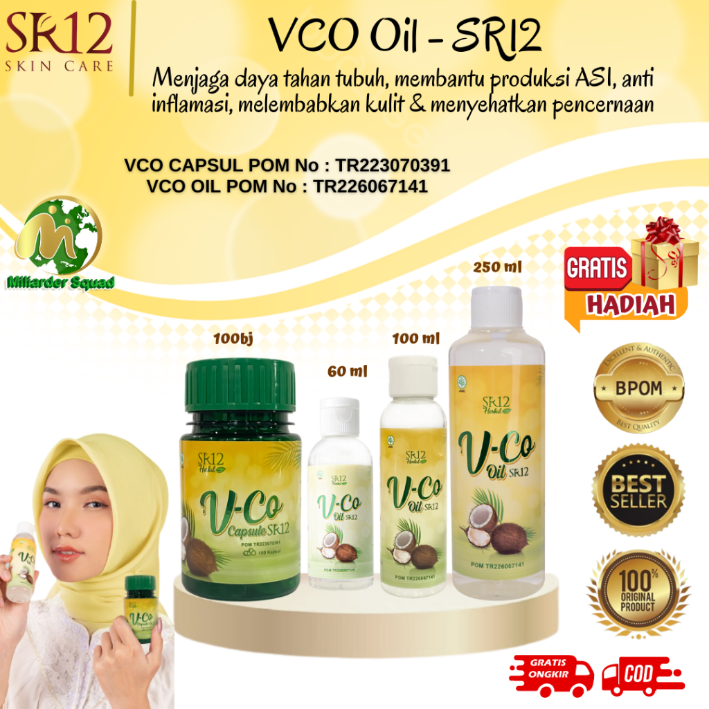VCO Oil SR12 Original Minyak Kelapa Murni / Minyak V-CO Asli / Minyak VCO Untuk Ruam Kulit,, Gatal, 