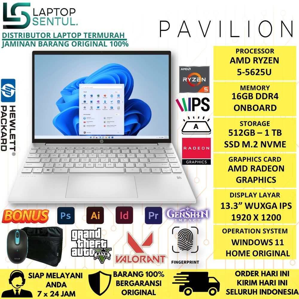 LAPTOP SLIM MURAH HP PAVILION AERO 13 AMD RYZEN 5 5625U 16GB 1TB SSD WUXGA IPS WINDOWS 11 TERLARIS