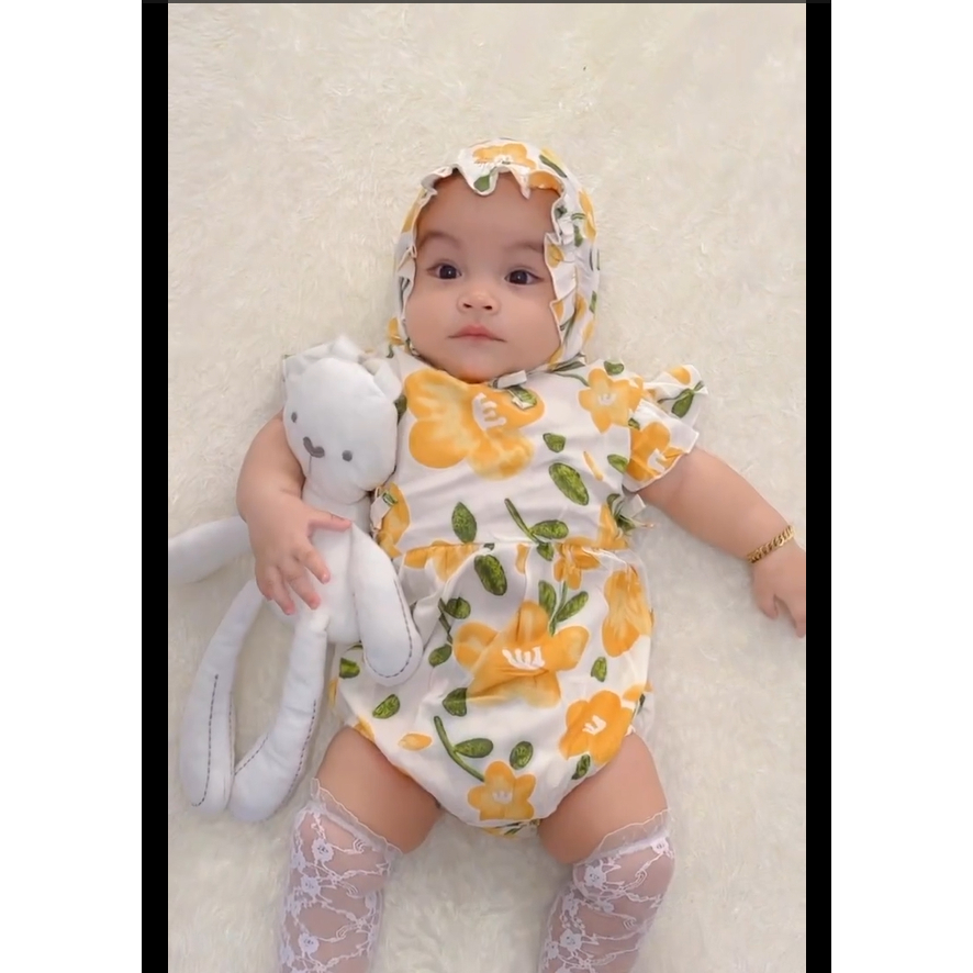 3-18 BULAN ROMPER BAYI PEREMPUAN EMMA JUMPER BAYI FREE BONNET HAT BY LITTLE KODA (SNI)