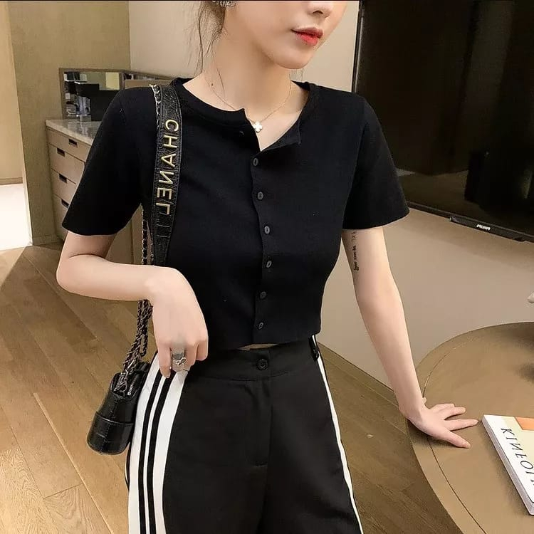 Atasan cardy sweater rajut wanita crop top lengan pendek