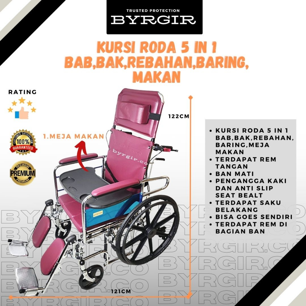 BYRGIR Kursi Roda Lipat Wheelchair 5in1 Multifungsi BAB Toilet Meja Makan Travel Travelling Lansia Rebahan Baring Medis Portable Comfort Kokoh Kuat Dan Nyaman