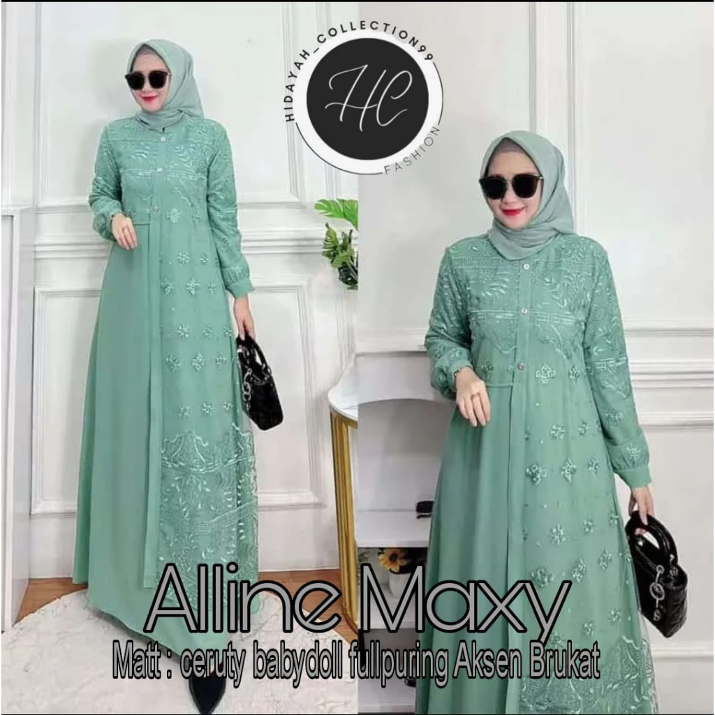 Gamis Brukat Muslimah Terbaru 2023 Allien Maxy Dress Gamis Kondangan Premium Bahan Ceruty Babydoll fullpuring Mix Brokat Aksen  Kancing dada hidup/Busui Freindly OOTD Aoutfit Mewah Terlaris Gaun Kondangan