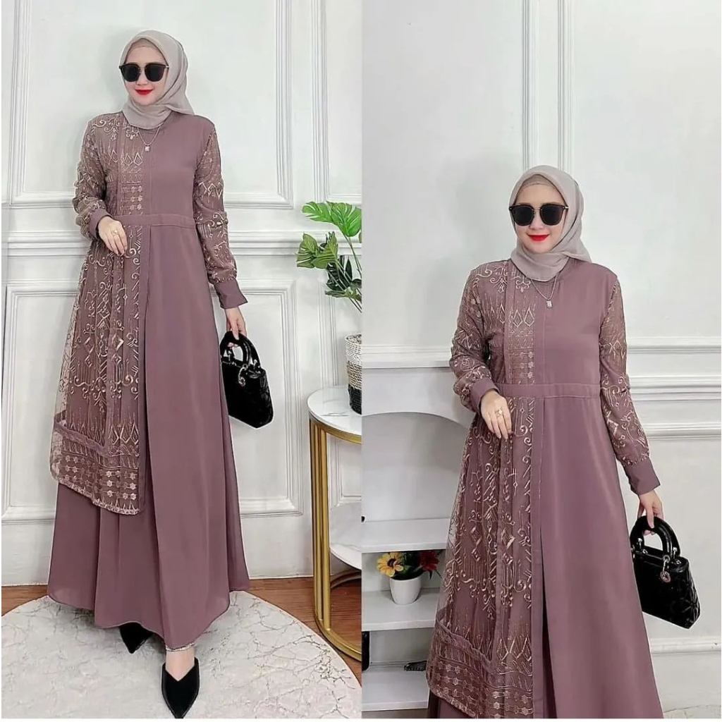 Bajurancak Baju dress Brukat Terbagus Kekinian 2023 NEW Rebeca Maxy Dress Muslim Gamis Brukat Bahan Ceruty Babydoll Mix Brukat Premium Full Furing Gamis Jumbo Wanita Dewasa Baju Pesta