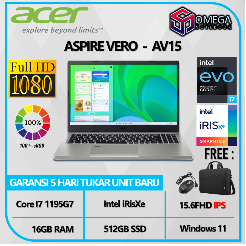 ACER ASPIRE VERO AV15-51 I7 1195G7 16GB 512SSD 15.6FHD IPS Windows 11