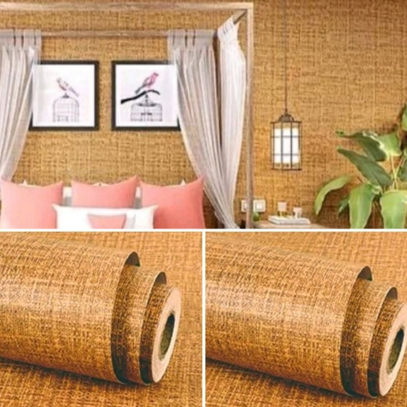 Wallpaper Dinding Sticker Dinding Warna Coklat Polos Bertekstur Serat Kain