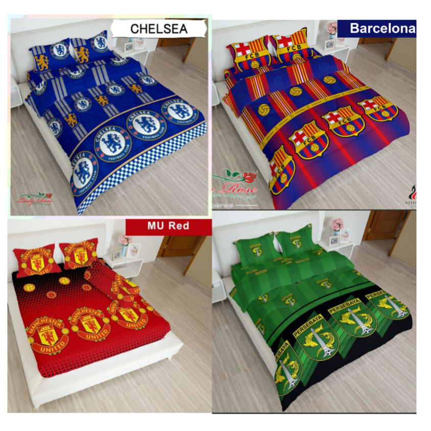 Sprei motif BOLA ukuran 180x200 merek LADY ROSE, Motif PERSEBAYA, BARCELONA, MU RED, CHELSEA, motif anak laki-laki